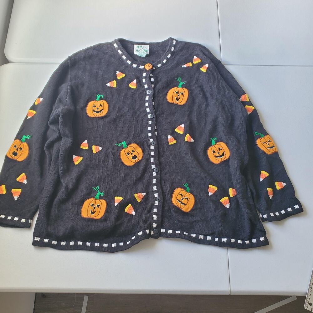Quacker Factory Sweater Womens 3X Black Pumpkin Candy Corn Cardigan Halloween